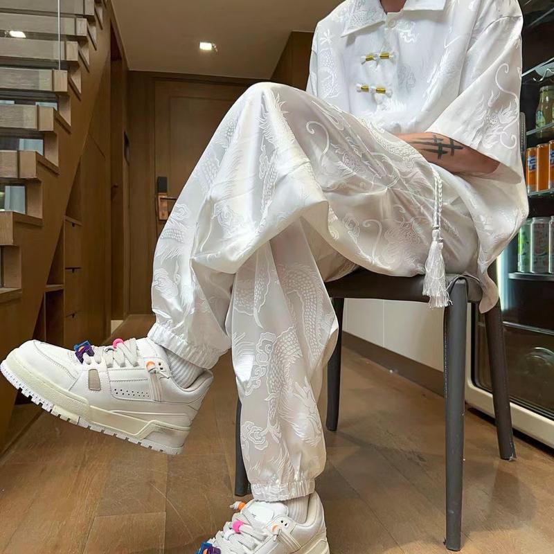 Product Introduction of Chinese Style Dragon Pattern Jacquard Men's Short Sleeve Top & Pants Set - New Asian Trendy Loose Straight & Tapered Outfit |     Summer Breathable Comfort 5