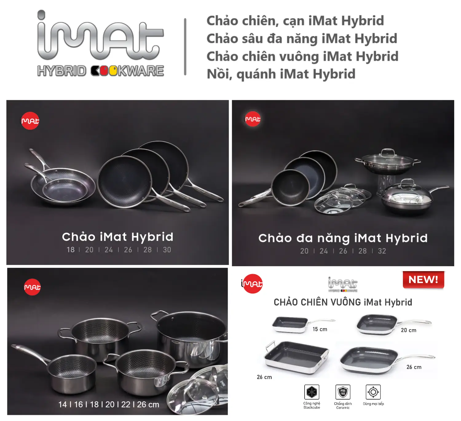 Chảo chống dính iMat Hybrid  Blackcube Hàn Quốc_lòng đen| Kích cỡ chảo chiên, cạn 20, 24, 26, 28 (cm)_Kích cỡ chảo sâu lòng đa năng 20, 24,26, 28, 30, 32 (cm)