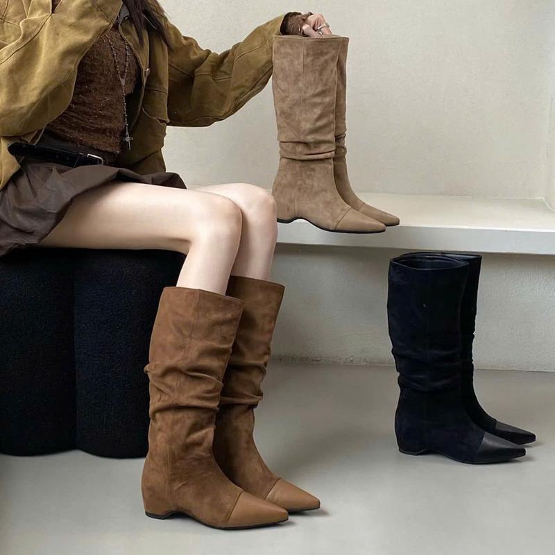 Bốt cao cổ mũi nhọn da lộn độn đế mùa thu đông 2025 mã 903-3