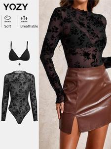 YOZY Women's Floral Print Lettuce Trim Mock Neck Sheer Bodysuit & Plain Crop Cami Top Two-Piece Set, Elegant Chic Long Sleeve Button Bodysuit & Ring Linked Sleeveless Crop Top, Women's Clothing for Spring & Fall, Valentine's Day Gift for Girl