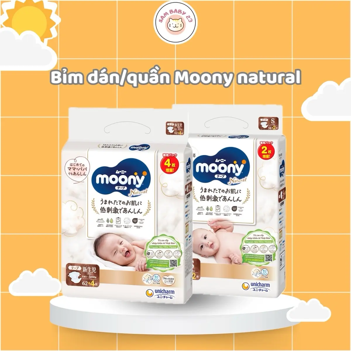 Tã bỉm dán/quần Moony Natural siêu cao cấp NB62+4/S58+2/M46/L36/XL32 cho bé - Nhập khẩu từ Nhật Bản