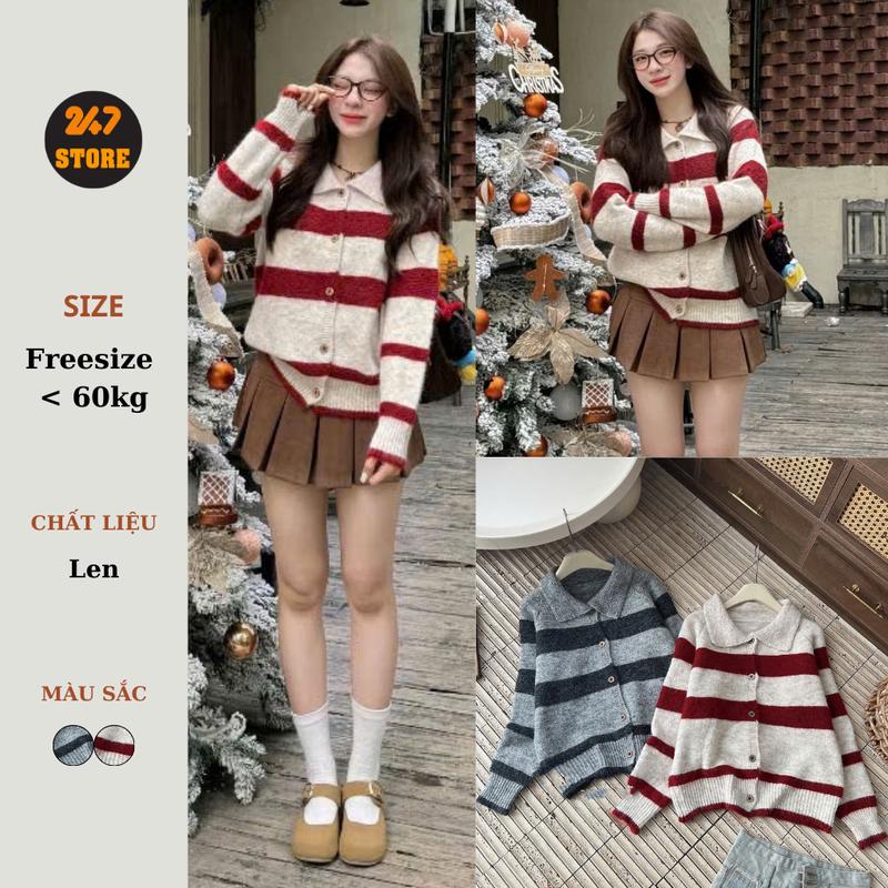 Áo len cardigan lông cổ bẻ kẻ đỏ kẻ xám A756 - Hàng QC cho nữ - Women
