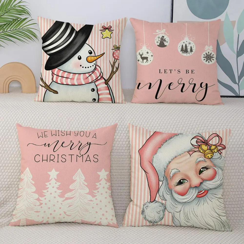 Christmas Themed Pillow Case, 4 Counts/set Square Pillow Cover without Filler, Household Decoration Supplies for Home Living Room Bedroom