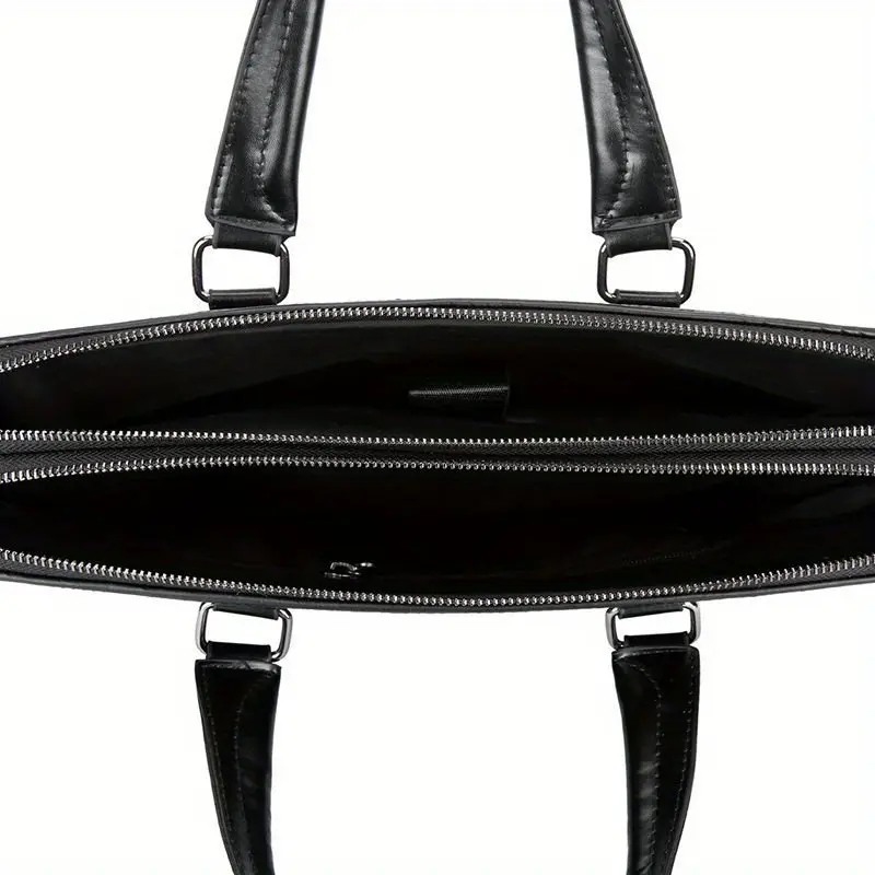 Men's Business Casual PU Leather Woven Briefcase Laptop Bag - Large Capacity with Multiple Compartments, Adjustable Shoulder Strap & Top Handle, Sleek Black for Office, Travel, Everyday Use, Computer Laptop Carry Bag, Durable Woven Texture 4