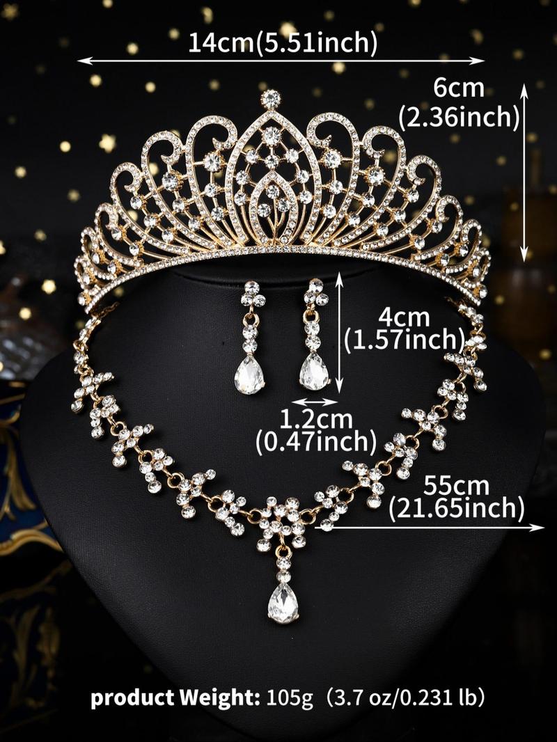 Product Introduction of Elegant Rhinestone Decorated Crown & Necklace & Dangle Earrings, Wedding Bridal Jewelry Set, Fashion Accessories for Party, Daily Clothing Decor 1