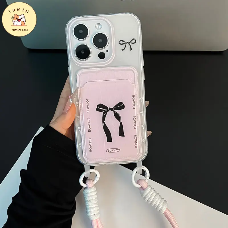 Casing Tempat Kartu Dompet Simpul Pita Hitam Lucu Kompatibel Untuk IPhone 11 13 15 12 14 Pro Max XR X XS Max 7 8 15 Plus 7Plus SE 2022 Fashion Kreatif Mewah Penutup Lembut 6