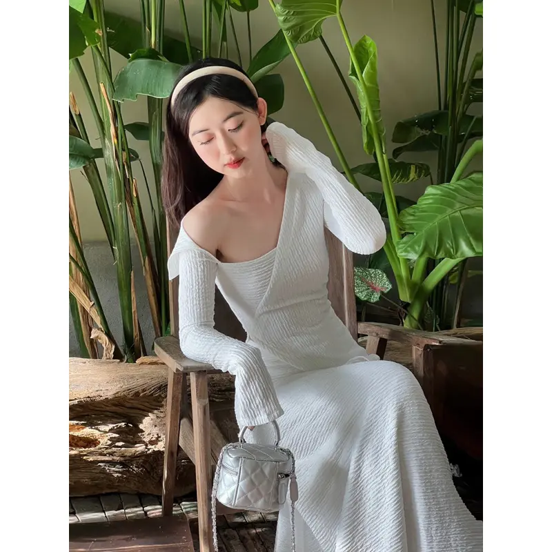 LILLIE | Set váy thời trang nữ (Đầm) tay dài trễ vai màu trắng Voi Thun Women Dress Women Dress Nhung Bo Chun