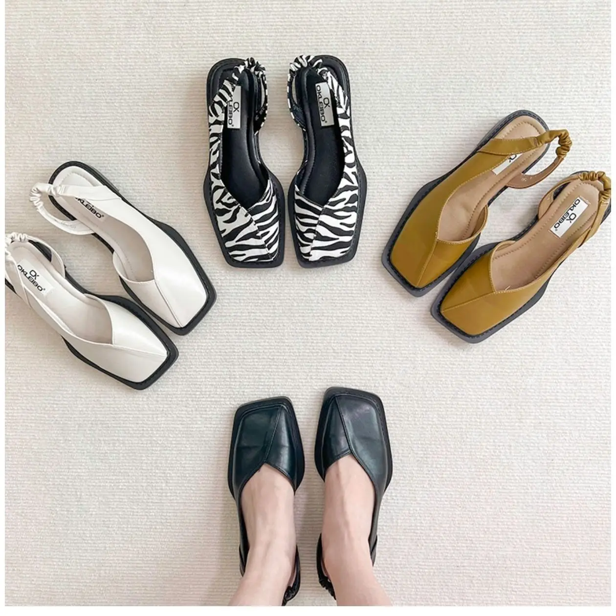 Niche Square Toe Low Heel Zebra Pattern Small Leather Shoes 2022 Summer New Slip-On Side Hollow Roman Closed Toe Chunky Heel Women's Sandals