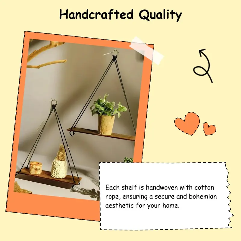 Hanging Wooden Shelves, 2 Counts Boho Hanging Plant Shelf, Floating Farmhouse Rustic Shelf, Room Decor, Summer Gifts Home Interior Decor, Hanging Hook 1
