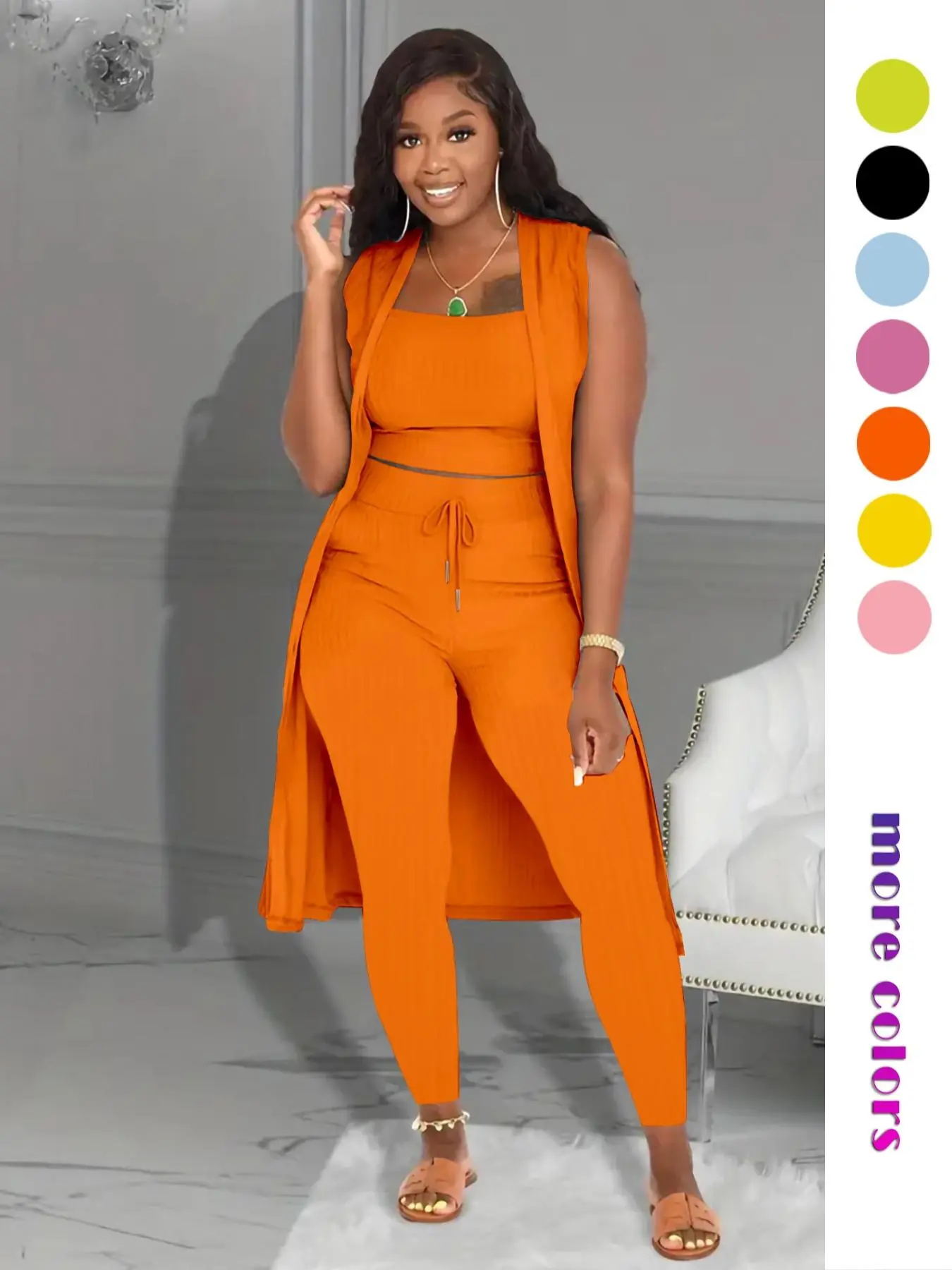 Women's 3 Counts Solid Crop Tank Top & Drawstring Waist Skinny Pants & Baggy  Open Front Outerwear Three-piece Set, Casual Fashion Three-piece Outfits for Daily Outdoor Wear, Ladies Clothes for Summer