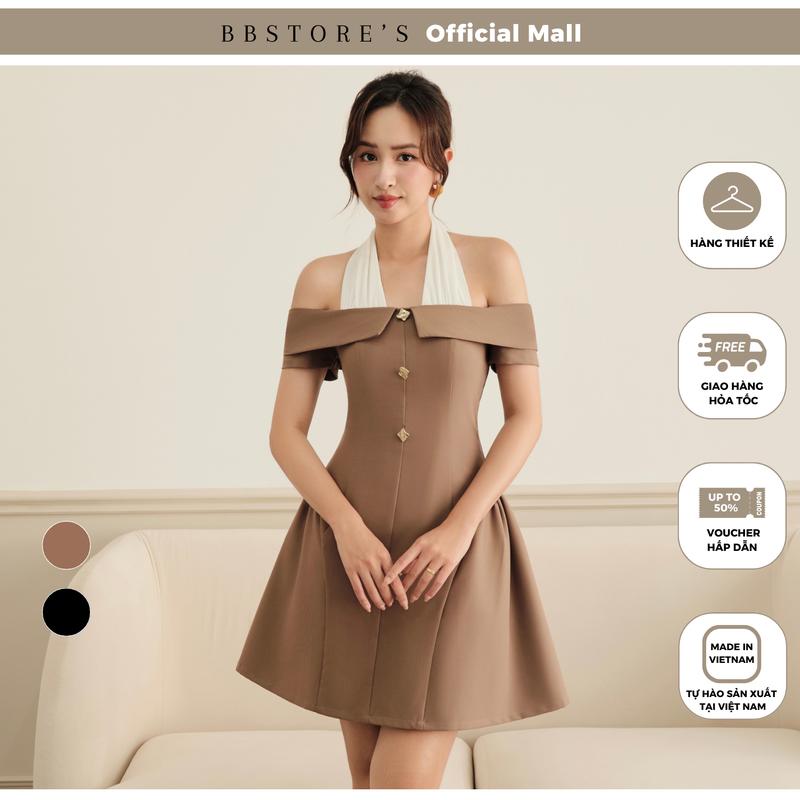 Đầm Dự Tiệc Dáng Xòe Trễ Vai Phối Cổ Trắng Chất Liệu Cotton Lạnh BBSTORE’S  -D3884B Nữ Women Dress