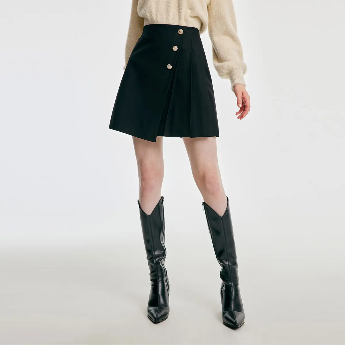 GOELIA Black Ruched A-Line Skirt Fit Womenswear Bottom Polyester