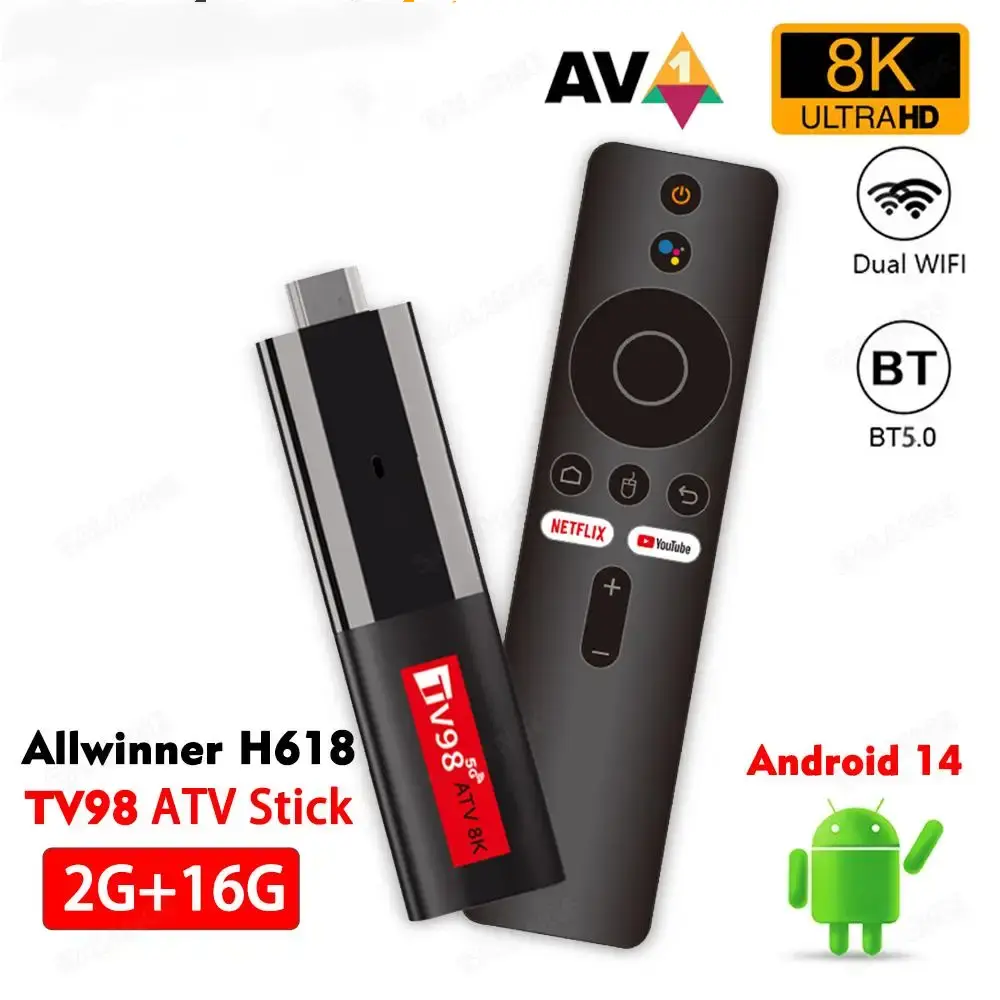 Salange TV98 ATV Smart TV Stick Android 14 Support 8K Video 4K Wifi 6 HDR10 TV Box 2.4G&5G Allwinner H618 Smart TV Box 16GB Accessories