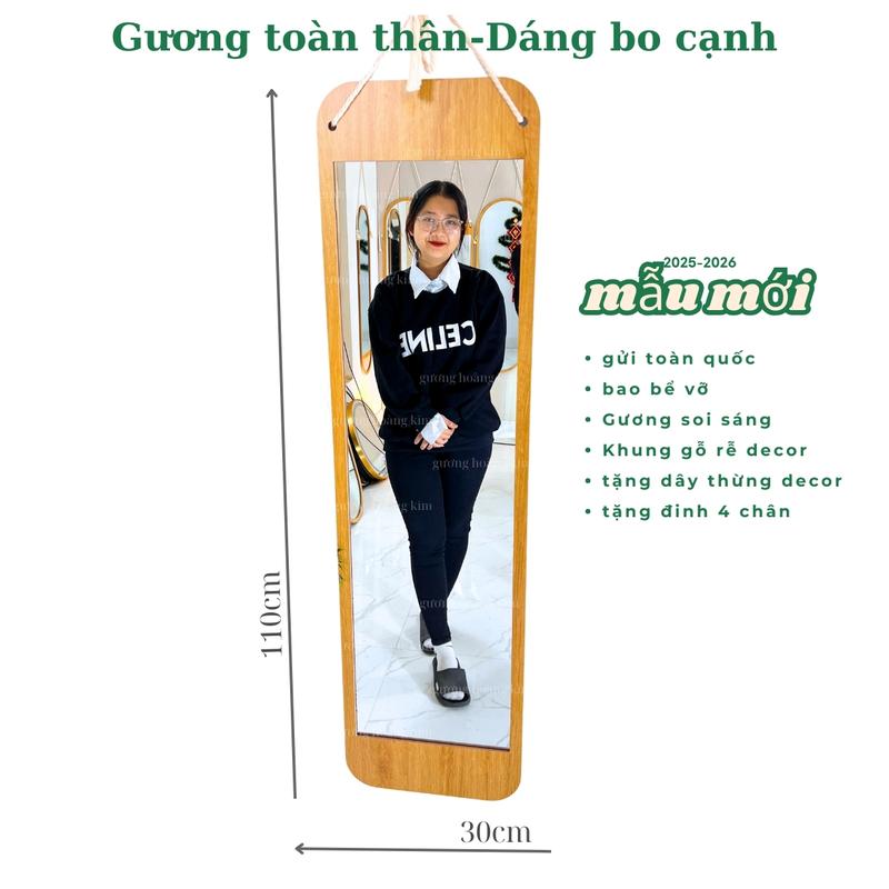 Gương toàn thân viền gỗ kích thước 30x110cm dáng bo cạnh ,gương treo tường dây thừng decor trang trí phòng, tặng dây thừng và đinh treo.