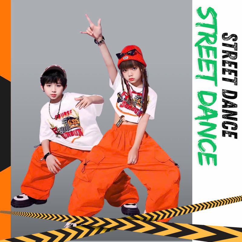 Đồ tập nhảy hiphop cho bé trai bé gái 2024, áo chất thun cotton, quần kaki túi hộp dây rút ống cá tính