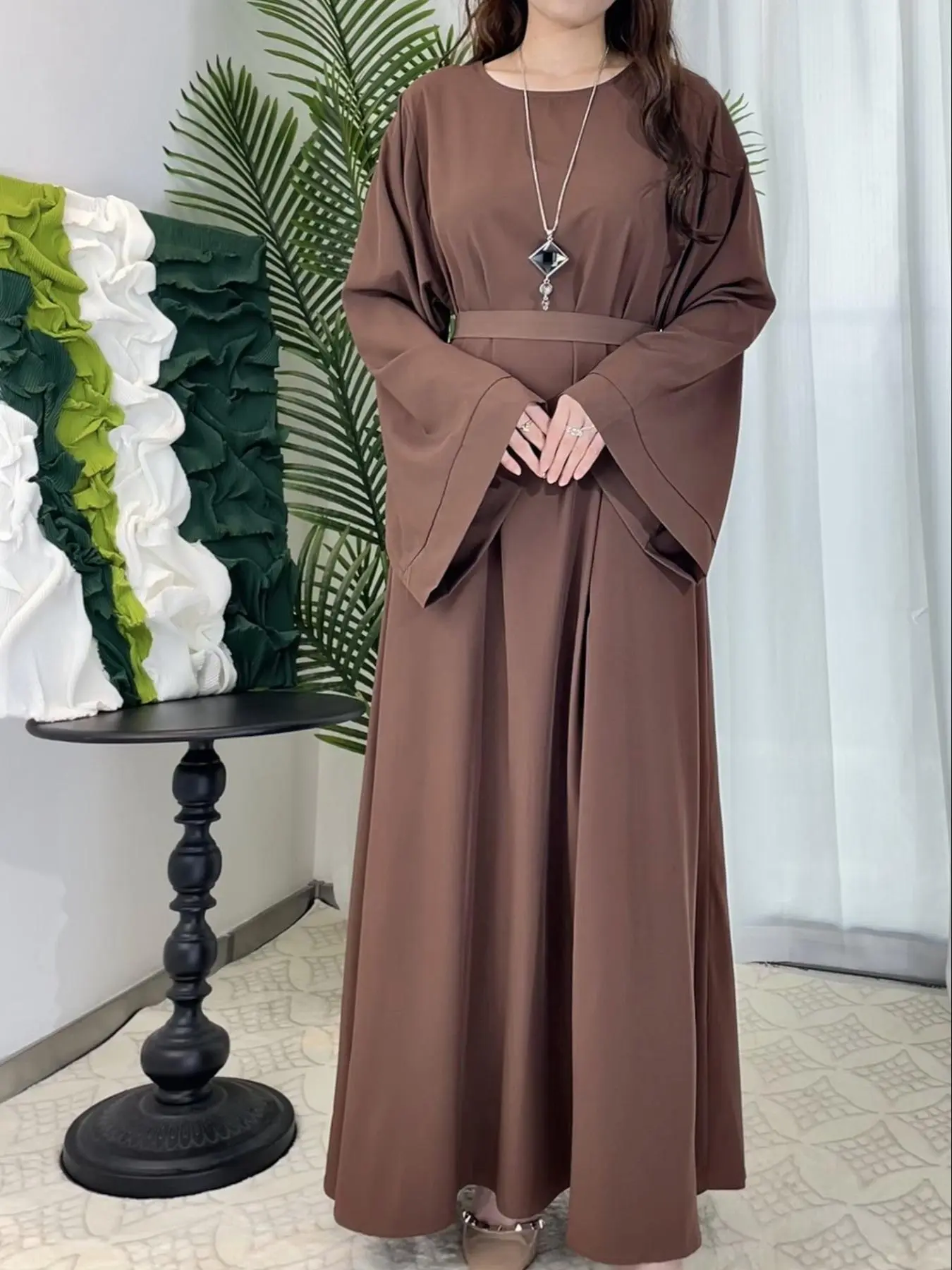 Women's Plain Belted Flounce Sleeve Dress without Necklace, Casual Long Sleeve Round Neck Long Dress for Daily Wear, Ladies Clothes for All Seasons