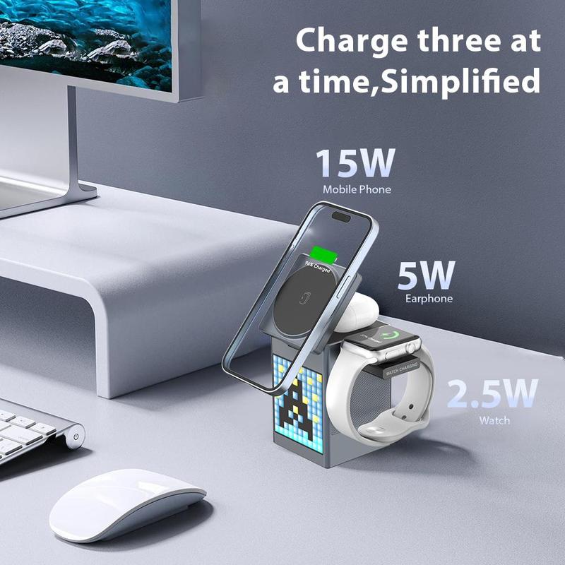 3 in 1 Wireless Charging Station, Multifunctional Wireless Charger with Bluetooth-compatible Speaker Alarm Clock, Fast Charging Station for iPhone 16 15 7