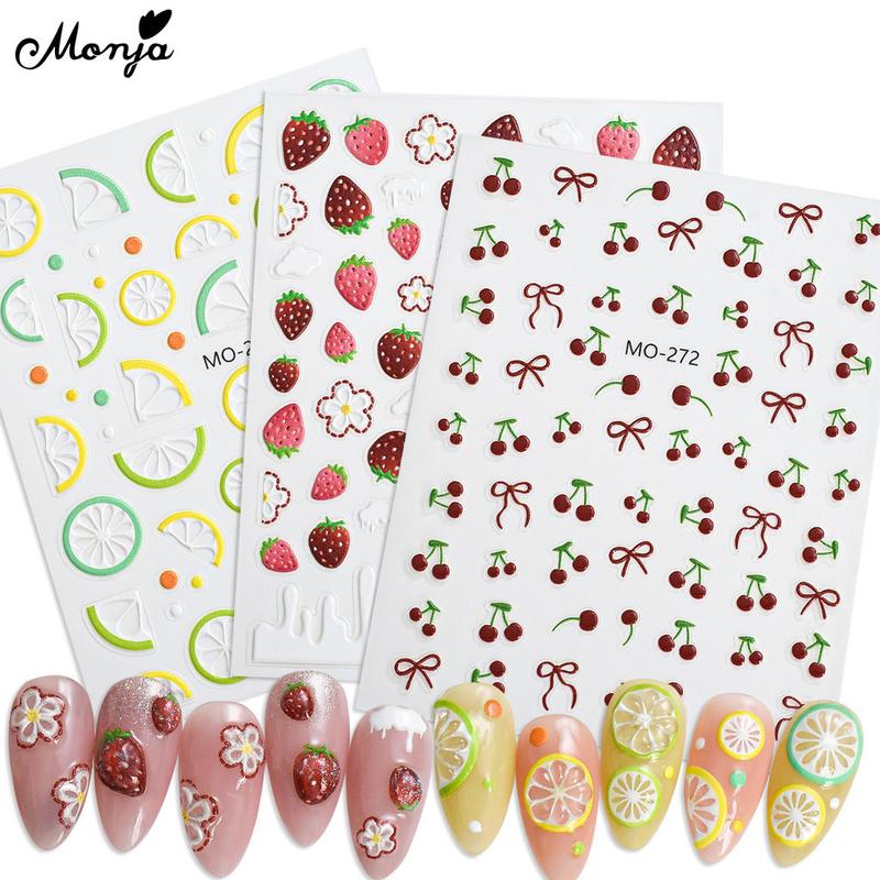 Miếng Dán Móng Tay Trái Cây, Monja, 3D Và 5D, Dập Nổi, Với Thiết Kế Dâu Tây, Chanh Và Hoa Anh Đào, Tự Dính, Thanh Trượt Nghệ Thuật Làm Móng, Decal Can, Khắc, Dụng Cụ Làm Móng Tự Làm, Miếng Dán Trái Cây