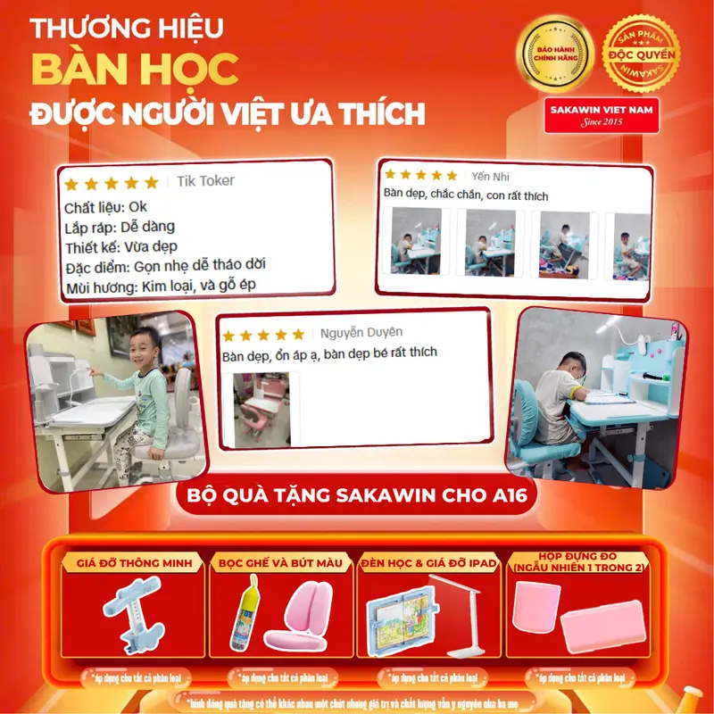 Bộ Bàn học cho bé Sakawin A16 Cải tiến cao cấp Nâng hạ tay quay cả bàn và ghế Tặng bộ quà 6 Món đầy đủ 1