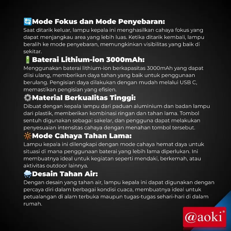 AOKI SENTER KEPALA LED ZOOM AK-3685A & AK-3686K 60W / CAHAYA SUPER TERANG / JARAK JAUH LASER / @AOKI HEAD LAMP ZOOM CAHAYA PUTIH & KUNING / SENTER KEPALA / SENTER KEPALA AOKI / SENTER KEPALA LED TERANG / SENTER KEPALA ZOOM / SENTER KEPALA CAHAYA PUTIH 4
