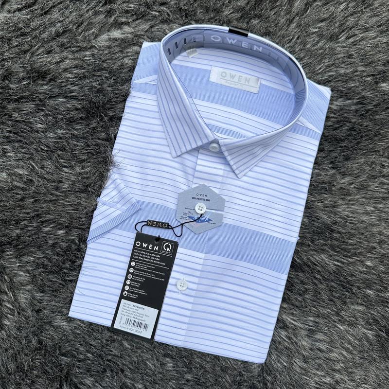OWEN - Áo Sơ mi ngắn tay Owen Regularfit 240032 chất Nano màu trắng kẻ ngang xanh nhạt (Vạt đuôi tôm) Nam Menswear sominam  dep