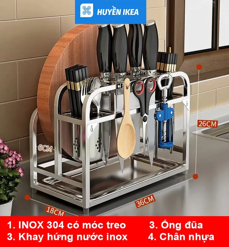 Kệ inox cao cấp để dao thớt, đũa tiện lợi có khay hứng nước 2