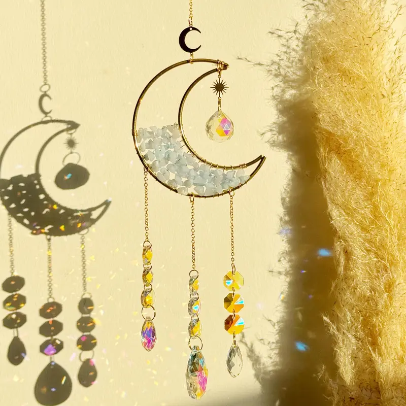 Artificial Crystal Sun Catcher, 1 Set Moon Decor Hanging Ornament, Hanging Decor, Fantasy Hanging Sun Catcher for Home Room Garden Window Wall Decoration, Pink Stuff, Sparkleshomeware, Windchimes 5