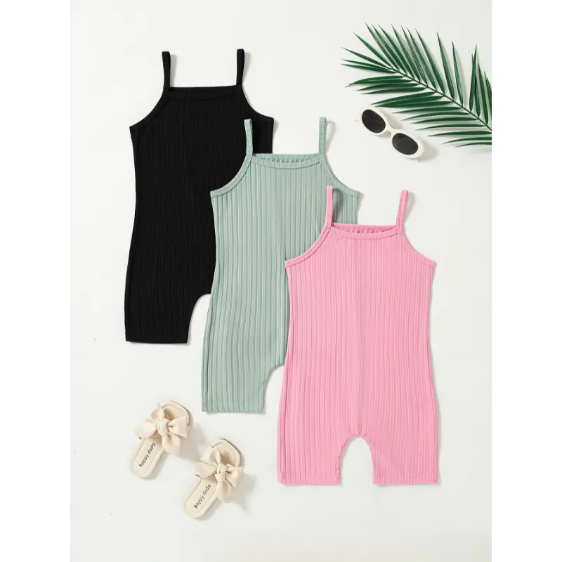 Summer Solid Color 3pcs Ribbed Cami Jumpsuit Set - Perfect for Outdoor Gift 2