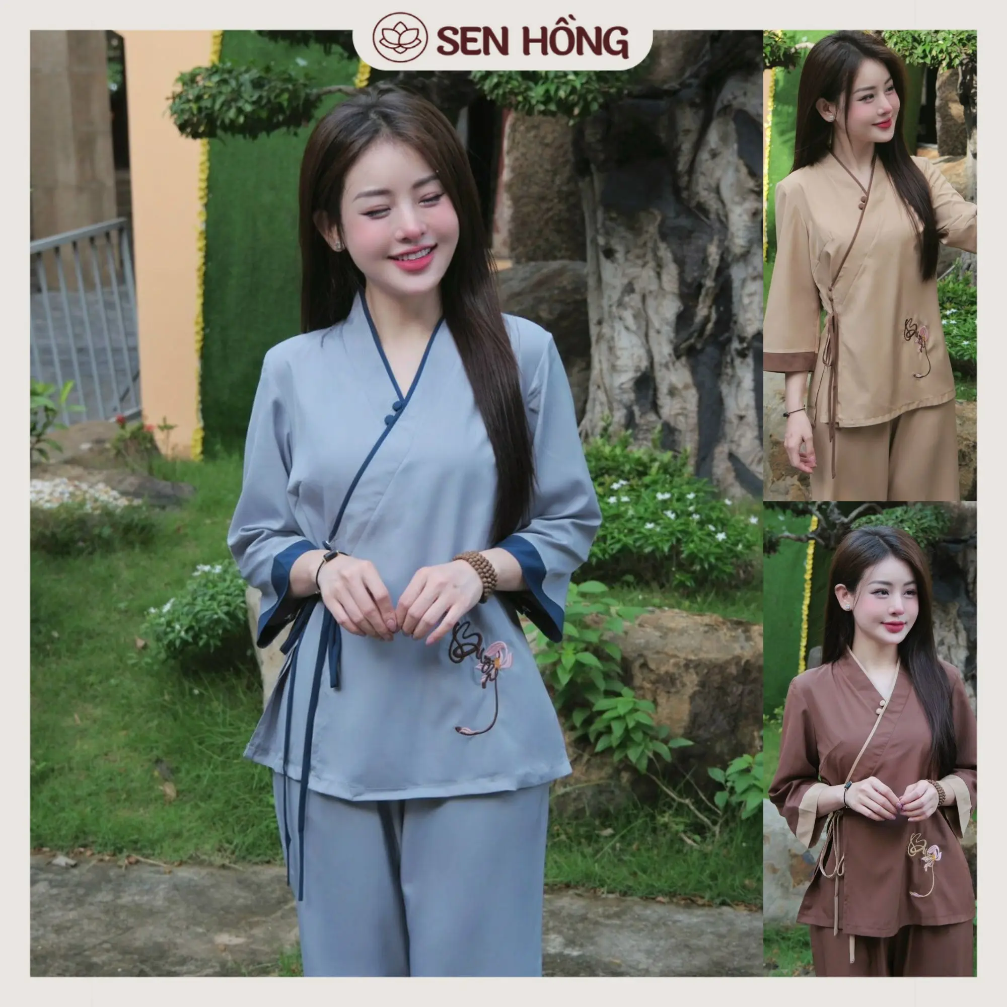 Set pháp phục nữ - đồ lam Phật tử - quần áo đi lễ chùa thiết kế cổ nhật vải lụa mềm thêu thư pháp chữ "Buông" trang nhã B22