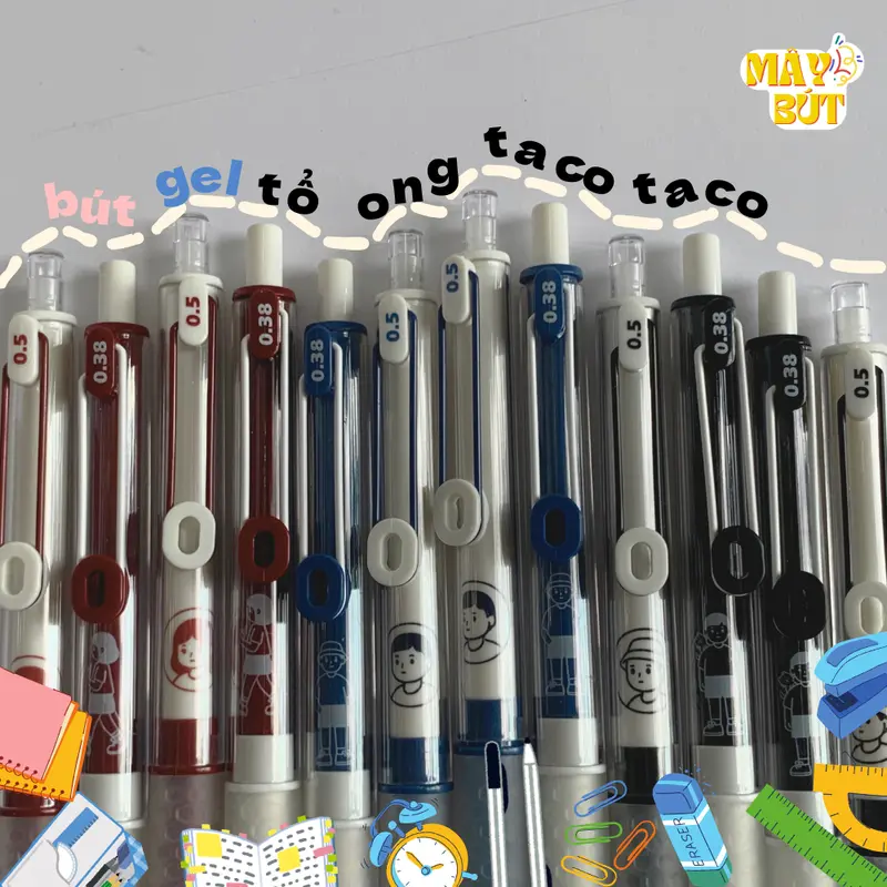 Combo 1 Hộp 4 Cây Taco Taco: HoneyComb Kết Cấu Tổ Ong Đệm Tay Êm Ái (0.38mm, 0.5mm) - Màu , Đen, Đỏ  but gel  bi 1