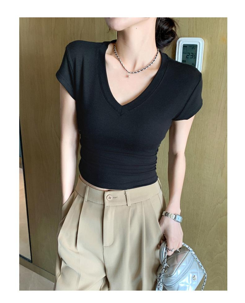 Product Introduction of Summer New Slim Fit V-Neck Short Sleeve T-Shirt for Women, Versatile Waist-Cinching Slimming High-End Top, Niche Style 24