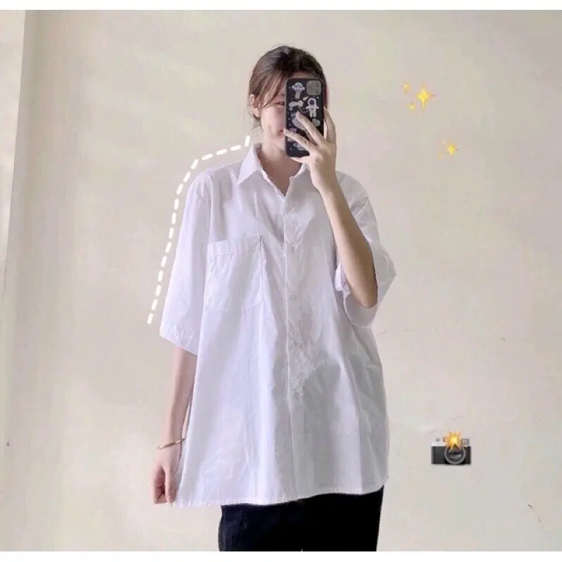 Áo sơ mi trắng tay ngắn form rộng có túi[vải mềm] Nữ Women Top Shirt Ong Voi 4