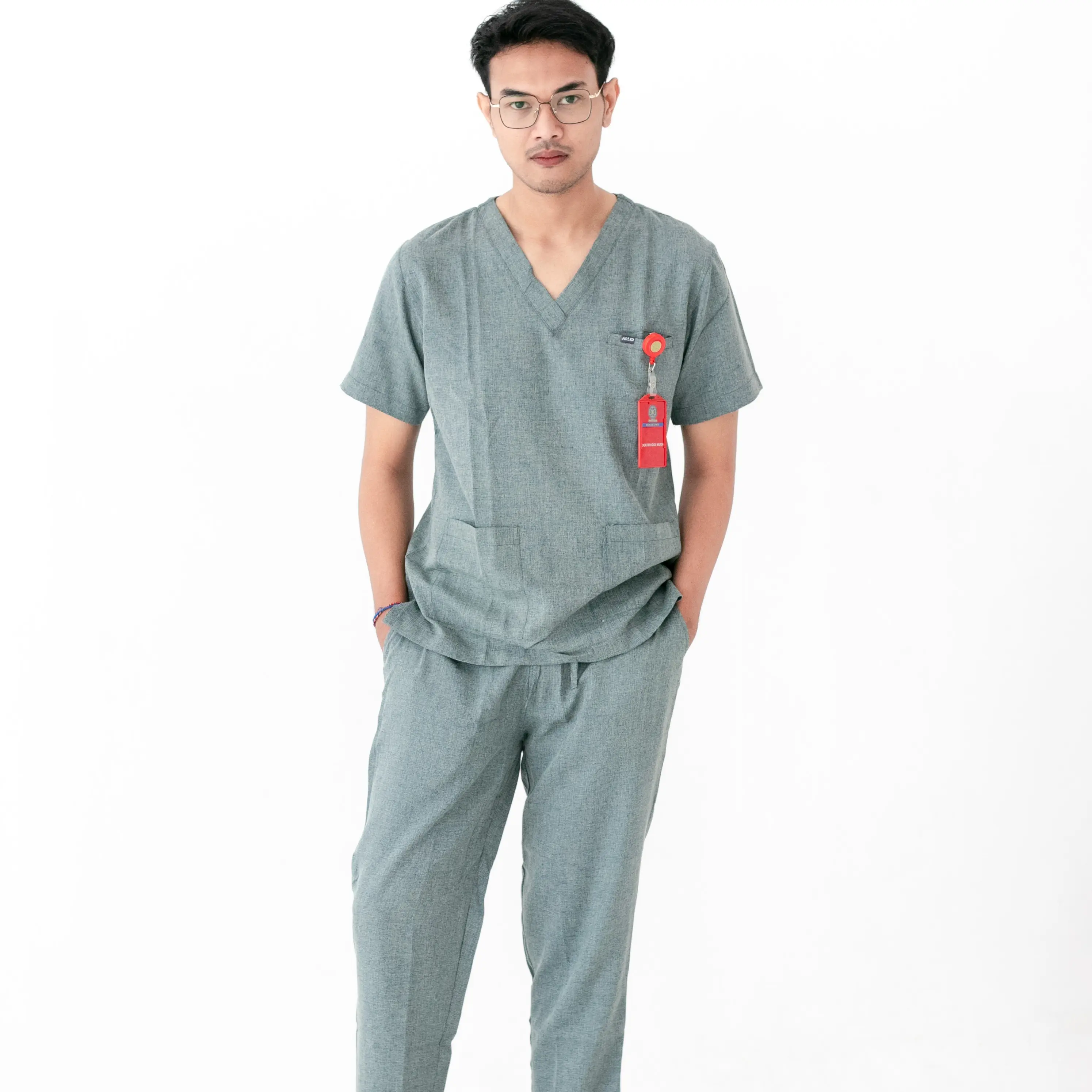 [Two Tone Collection Abu] Alloscrub/Allo scrub/Scrub Dokter / Baju Jaga Dokter / Baju OK / Baju Perawat / Dokter Lengan Pendek Warna Abu Denim Katun