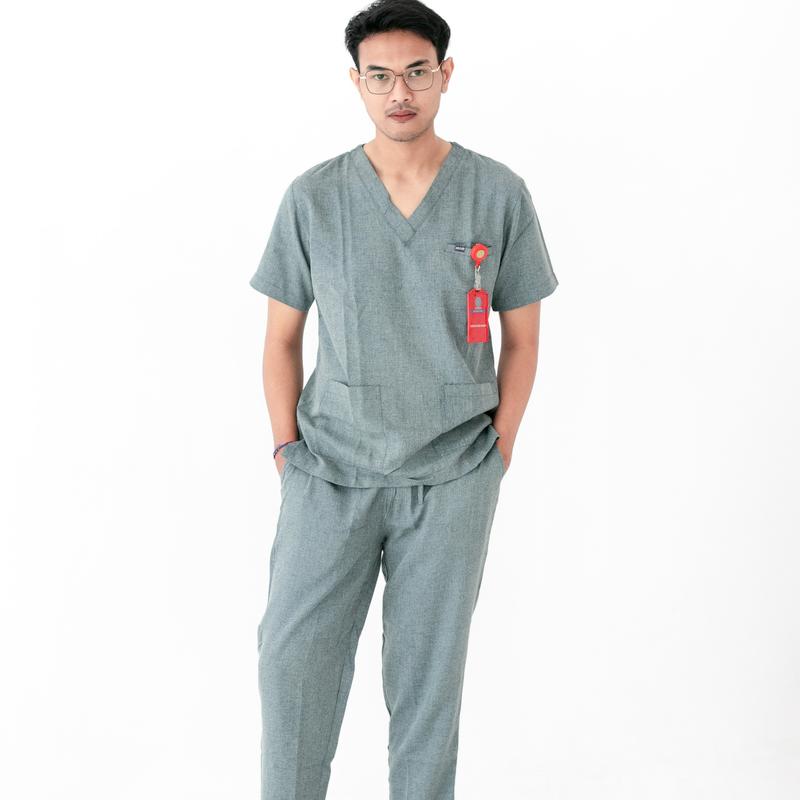 [Two Tone Collection Abu] Alloscrub/Allo scrub/Scrub Dokter / Baju Jaga Dokter / Baju OK / Baju Perawat / Dokter Lengan Pendek Warna Abu Denim Katun 0