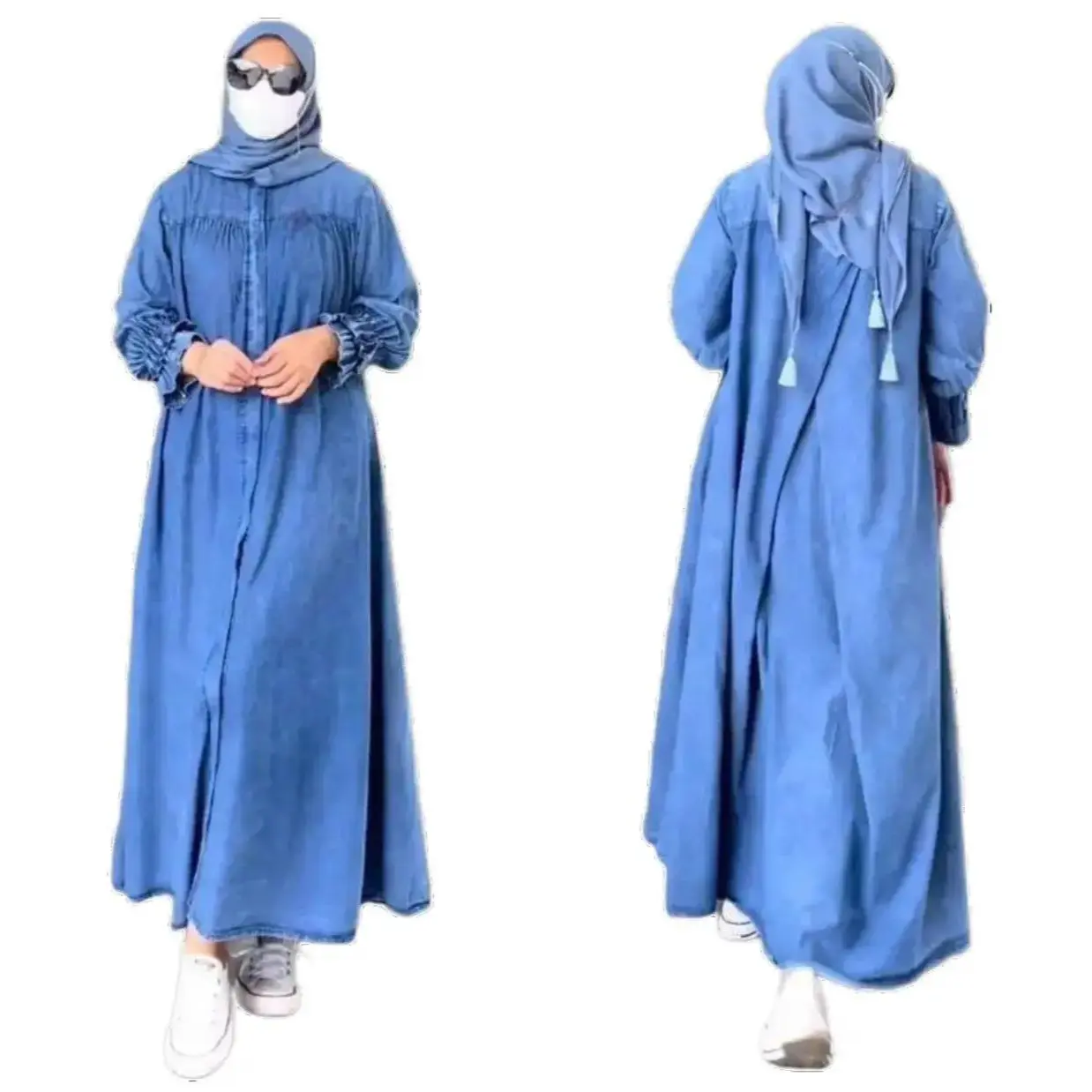 Dress Midi Casual Wanita Muslim Jeans Jumbo Kekinian Polos Midi Gaitsha Dewasa Maxi • simpel