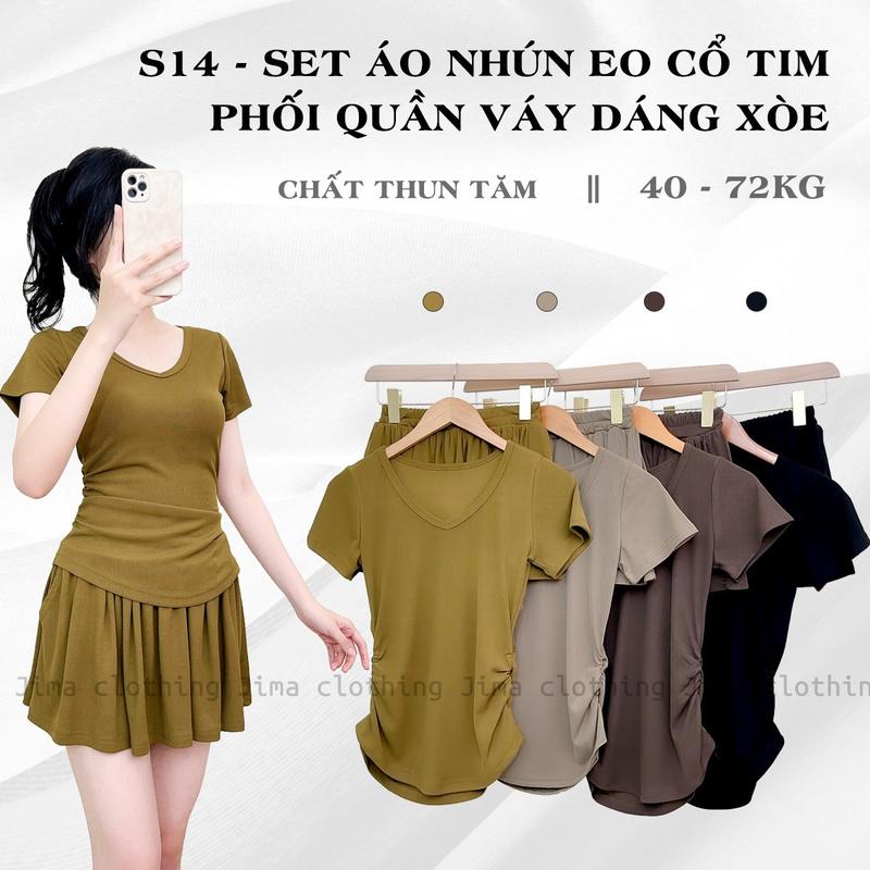 [Set Cổ Tim 01] Set bộ đồ nữ Áo Nhún eo Cổ Tim kèm Quần váy trẻ chất liệu Thun Tăm hàn - Jima 114 Women Kem 1