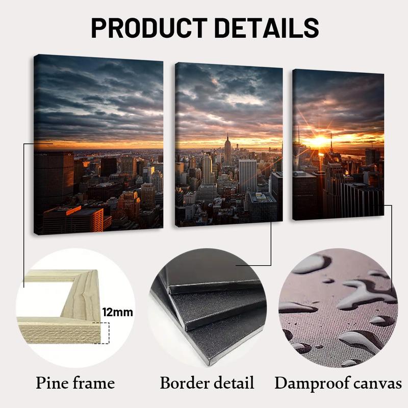 Wooden Framed Canvas Painting, 3 Counts/set City Sunset Pattern Wall Art, Modern Art Wall Decor, Home Decoration Poster for Living Room, Bedroom 3