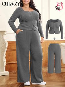 CURVZY Plus Size Two-Piece Set Solid Ribbed Ruched Long Sleeve Tee & Pocket Pants, Casual Sweetheart Neck Fake Buttons Decor Top & Wide Leg Trousers for Daily Wear, Women's Two-piece Outfits, Valentine's Day Outfit