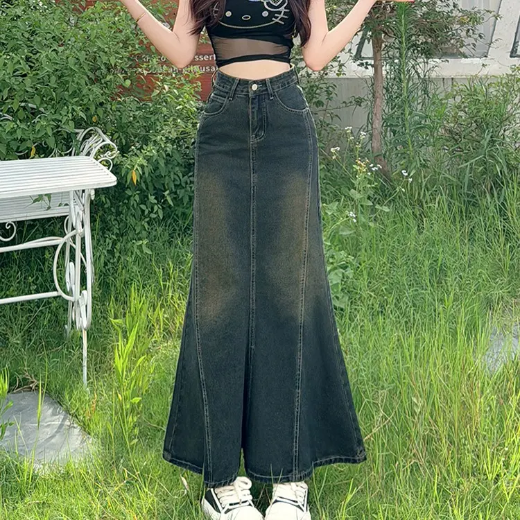 Chân váy jean dài nữ xòe cạp cao tôn dáng vải bò denim dày dặn màu xanh đậm V15 1