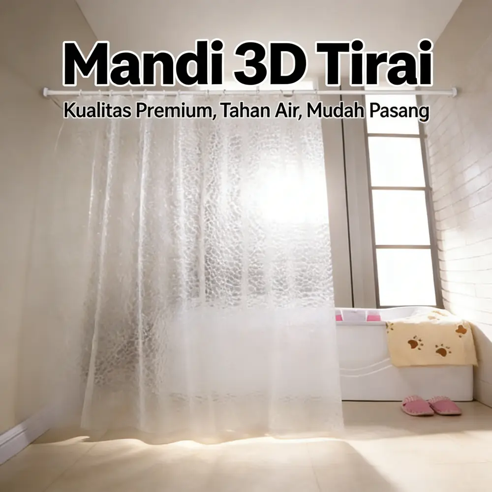 Roller Tenda Mandi 3D Premium 180x180cm: Model Terbaru, Tahan Air, Anti Licin, Dengan Pengait Tirai Shower Integrasi, Kualitas Terbaik