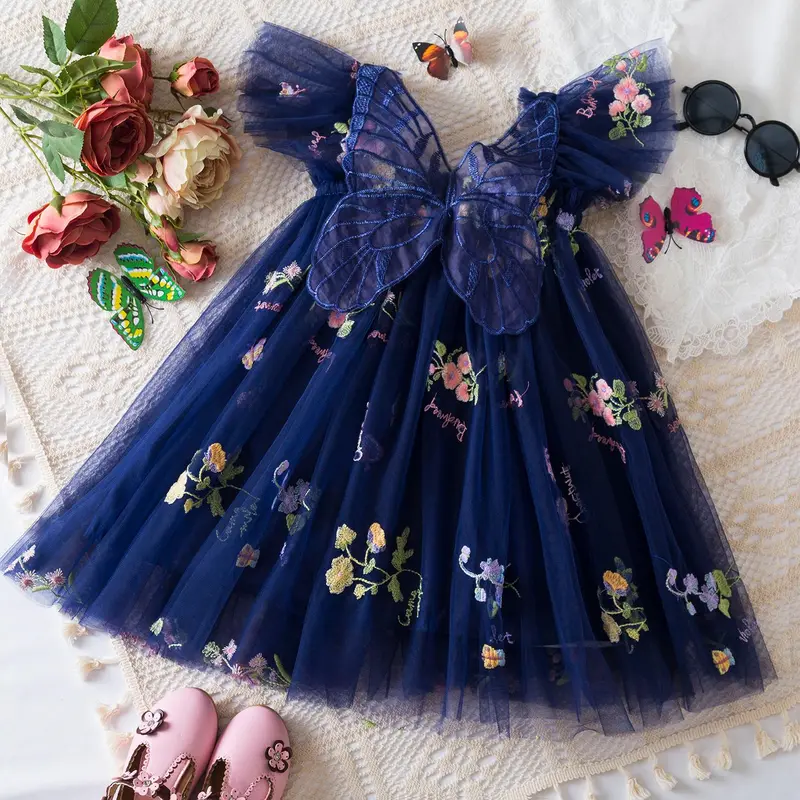 Butterfly Dress for Kids Girls 1-5 Years Ruffles Sweet Summer Mesh Dress Flower Embroidery Birthday Party Princess Dresses with Butterfly 7