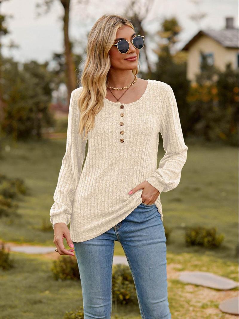 Product Introduction of Women's Plain Button Decor Ribbed Tee, Casual Long Sleeve T-shirt for Spring & Fall, Women's Top for Daily Wear 3