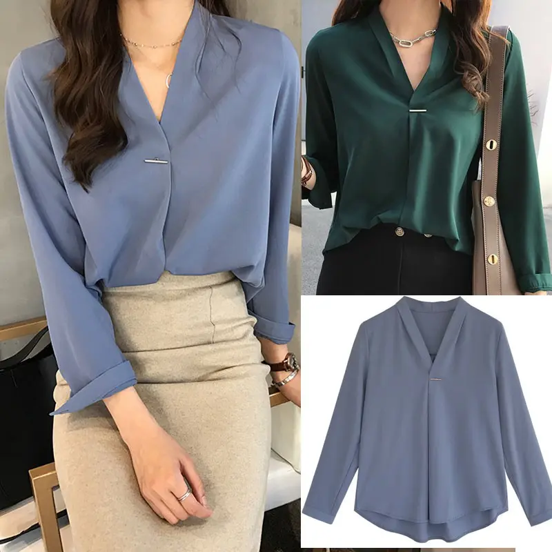 Korean Style Loose Women White Blue Red Green Shirt Casual Long Sleeve V-neck OL Wear Casual Blouse Tops Clothing Light