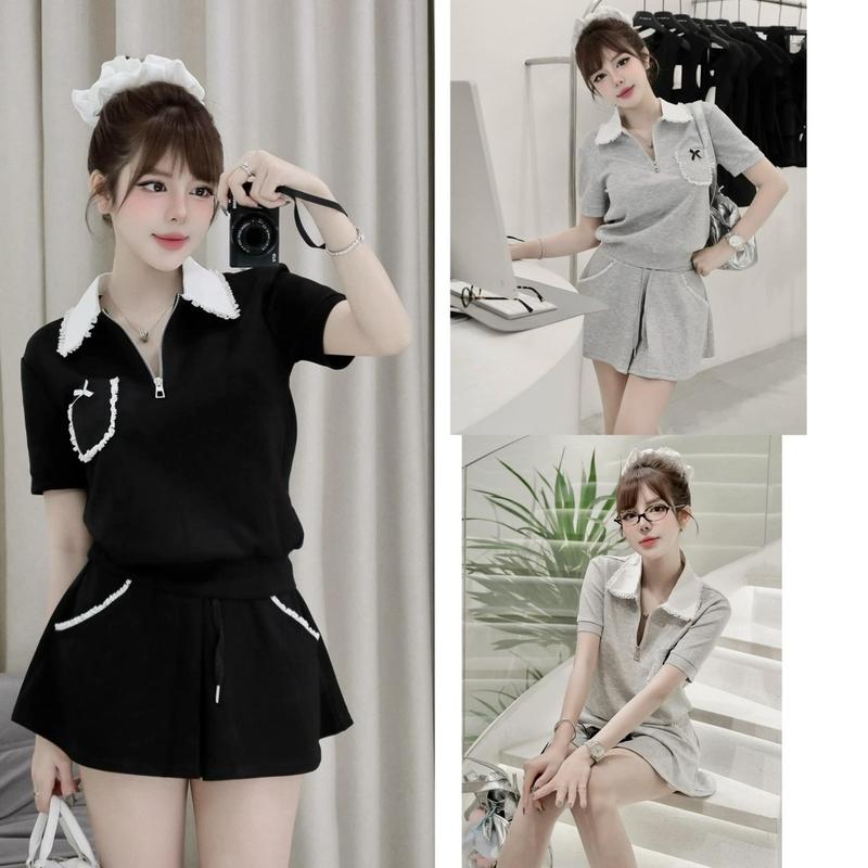 Set Áo Cổ Bẻ Phối Ren Khoá Kéo Mix Chân Váy Xoè Mai Phương Bùi siêu xinh