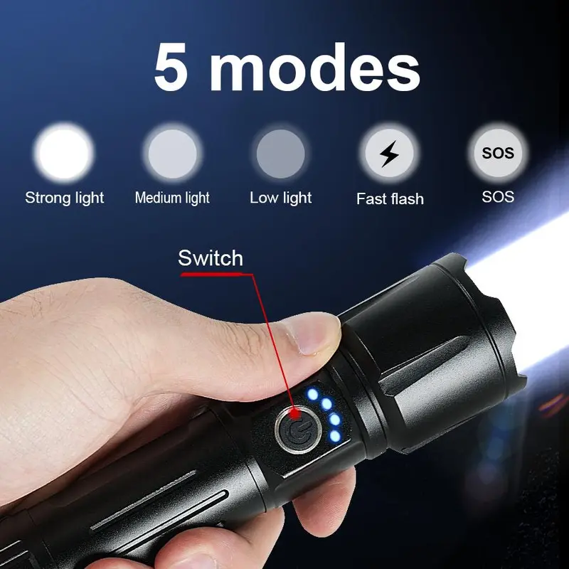 USB Rechargeable Flashlight, Outdoor Camping Flashlight, High-power Flashlight, Adjustable Zoom Handheld Light, Essential Lighting Tools for Home Emergency 4