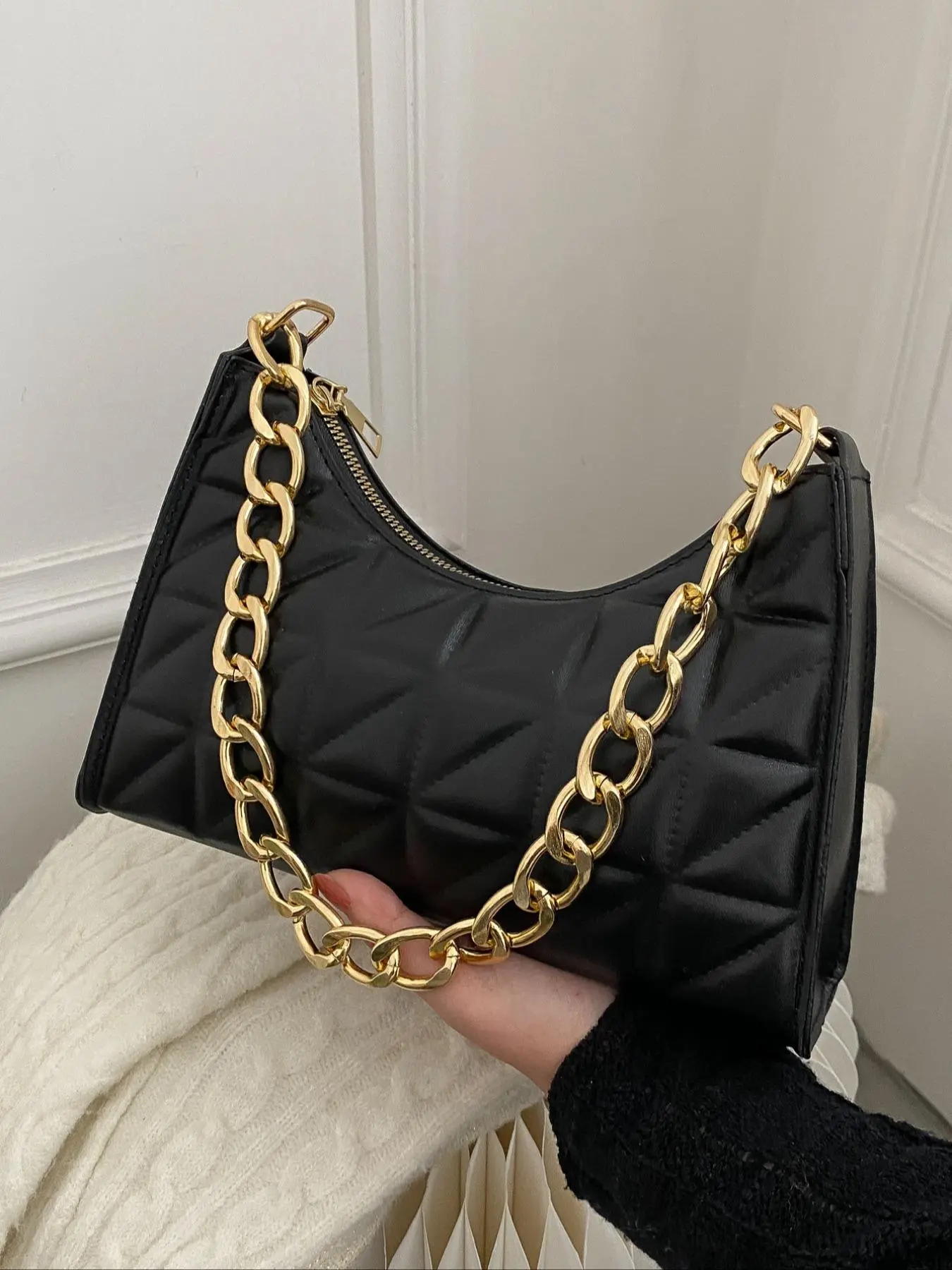 Women's Elegant Chunky Chain Strap Hobo Bag, Trendy Solid Color Shoulder Bag, Fashionable Shoulder Bag for Work & Daily Use