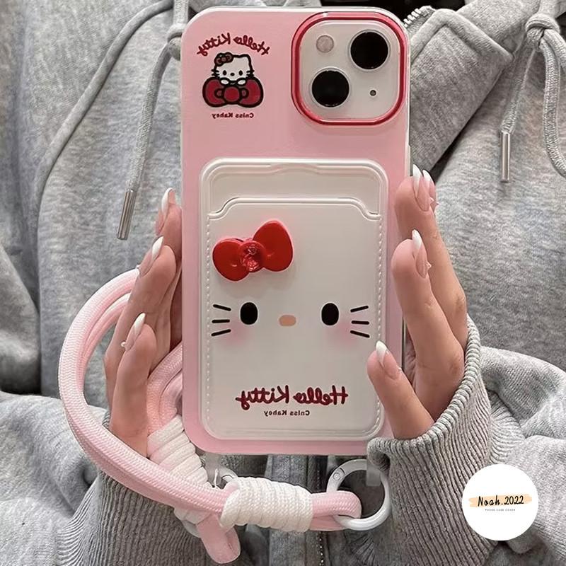 Ốp Lưng Tương Thích Cho IPhone 13 12 15 16 11 14 Pro Max XR 15 7 8 6s 6 14 Plus X Xs Max SE 2020 Sweet Hello Kitty Khe Cắm Thẻ Bìa Mềm Có Dây Buộc