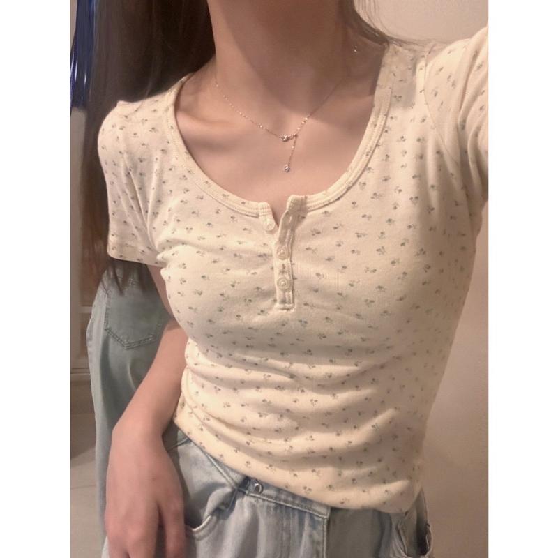 Áo thun gài nút chất tăm lạnh hoa nhí xinh baby tee Nữ Women 3