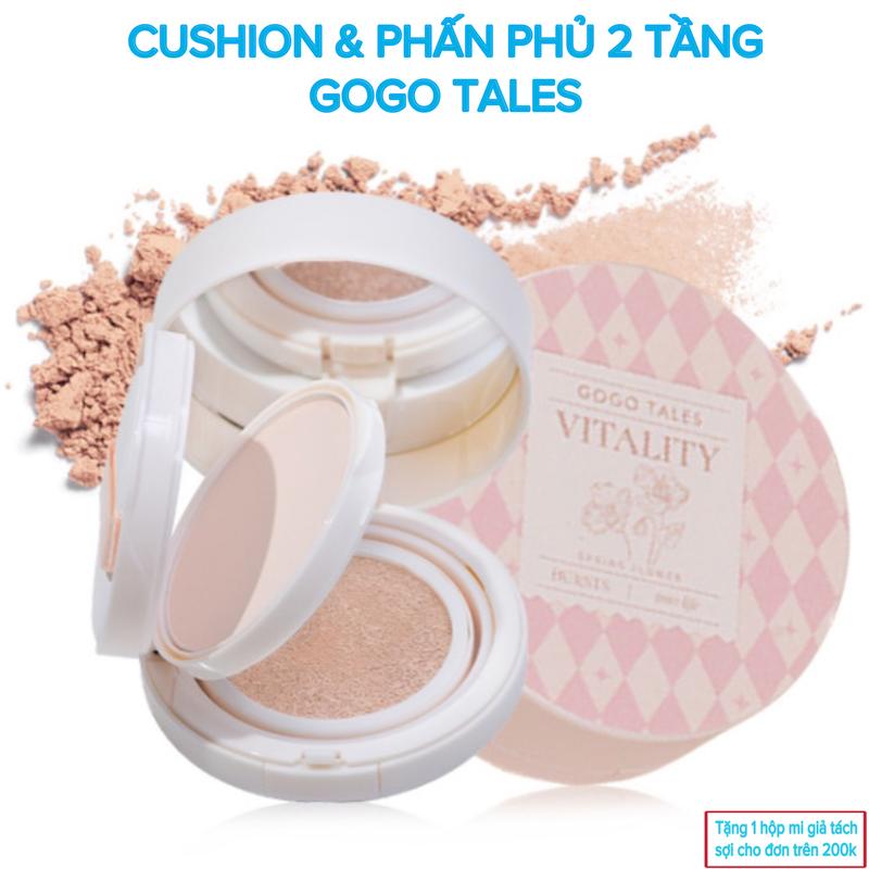 Phấn phủ & Cushion phấn nước 2 in 1 GOGO TALES 2 tầng kèm bông phấn tiện lợi trong trang điểm 2  bước