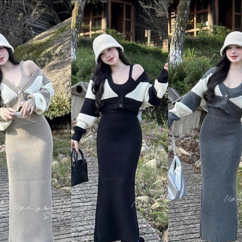 ￼MC71- đầm body thun gân đũa 2 dây phối áo khoác cố V tay dài croptop (HP - freesize 38-57kg)